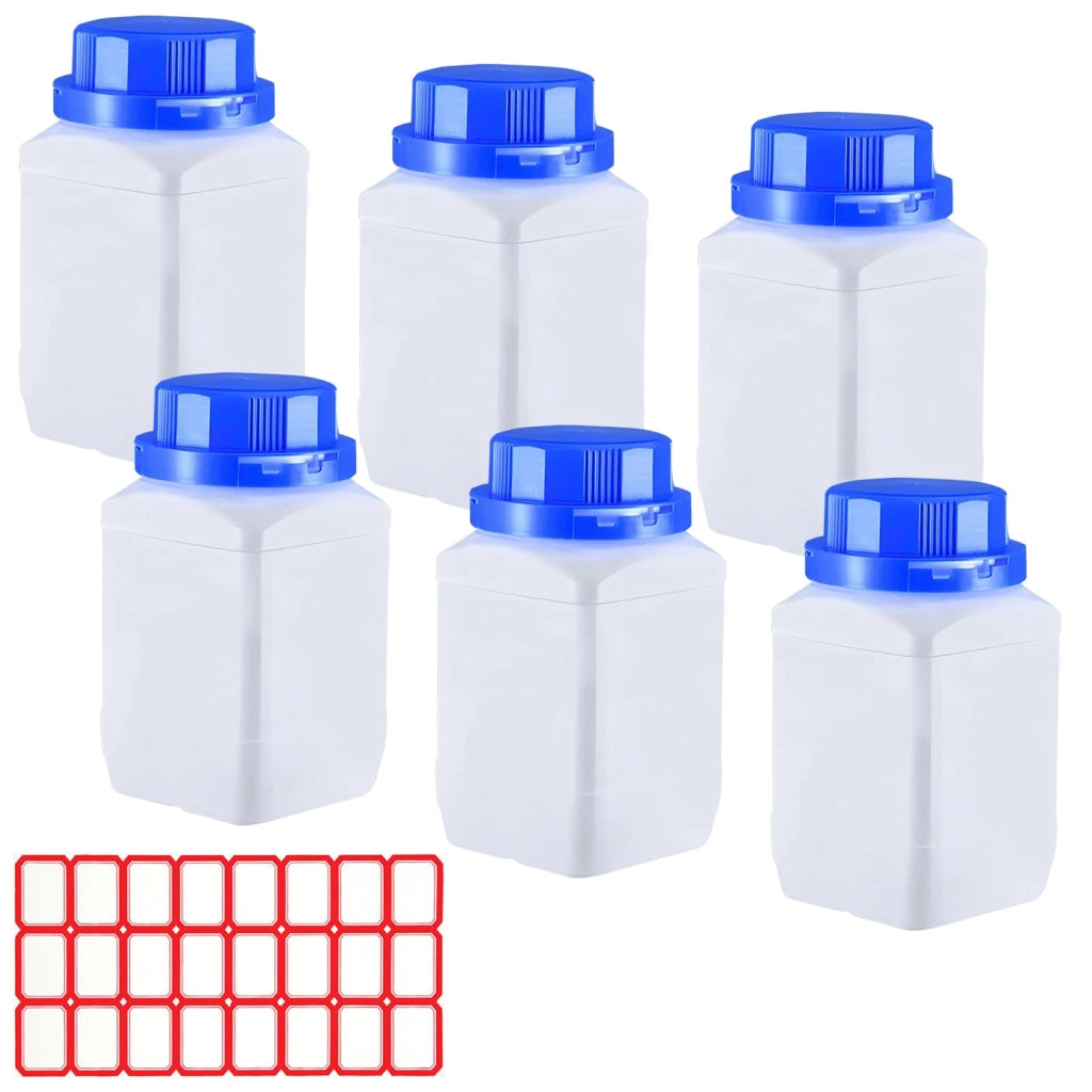 6 bottiglie in HDPE da 250 ml, collo largo, tappo a vite, colore bianco