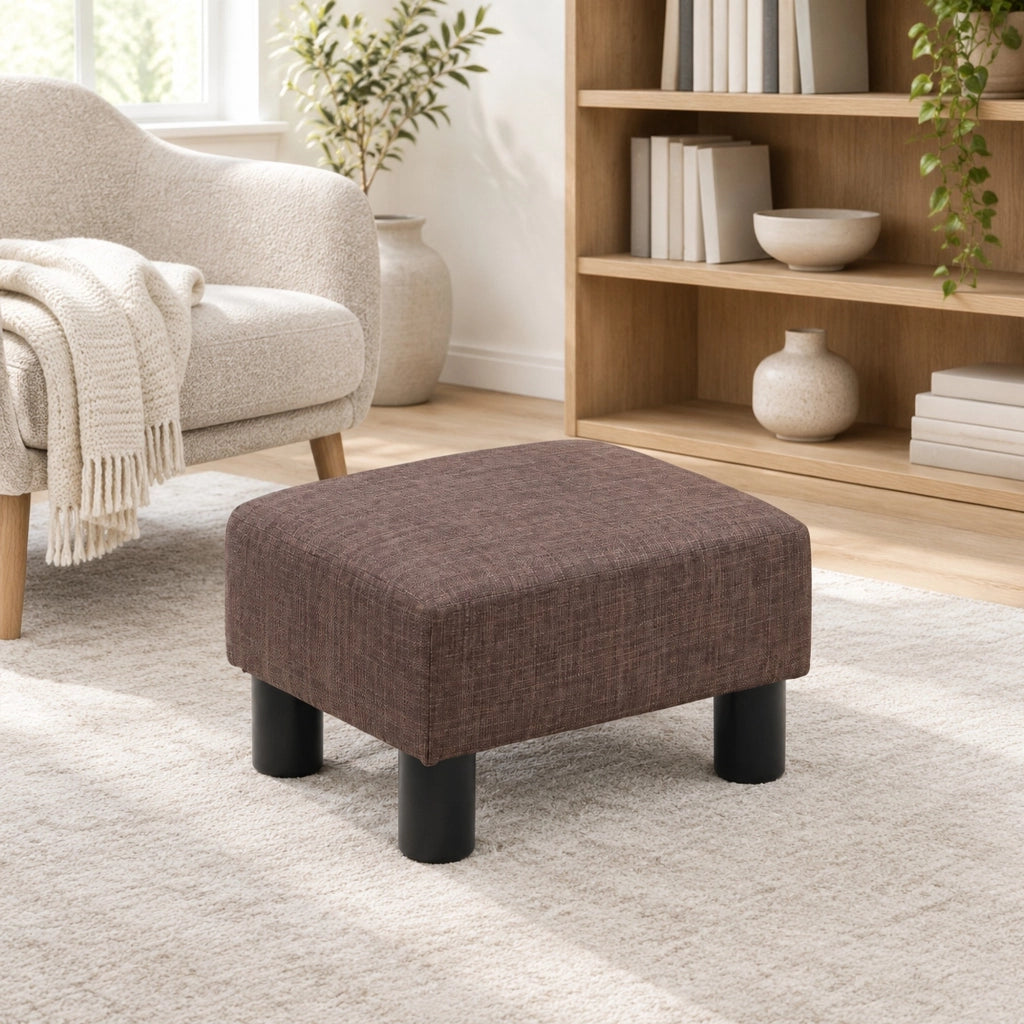 Pouf imbottito rettangolare marrone in lino 40 x 30 x 24 cm