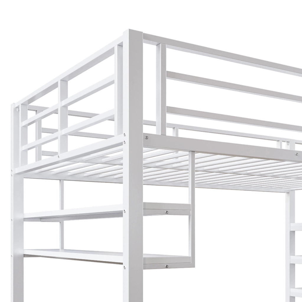 Letto a soppalco per bambini 140x200 cm; con scala contenitore e ripiani; in metallo e MDF bianco; senza materasso