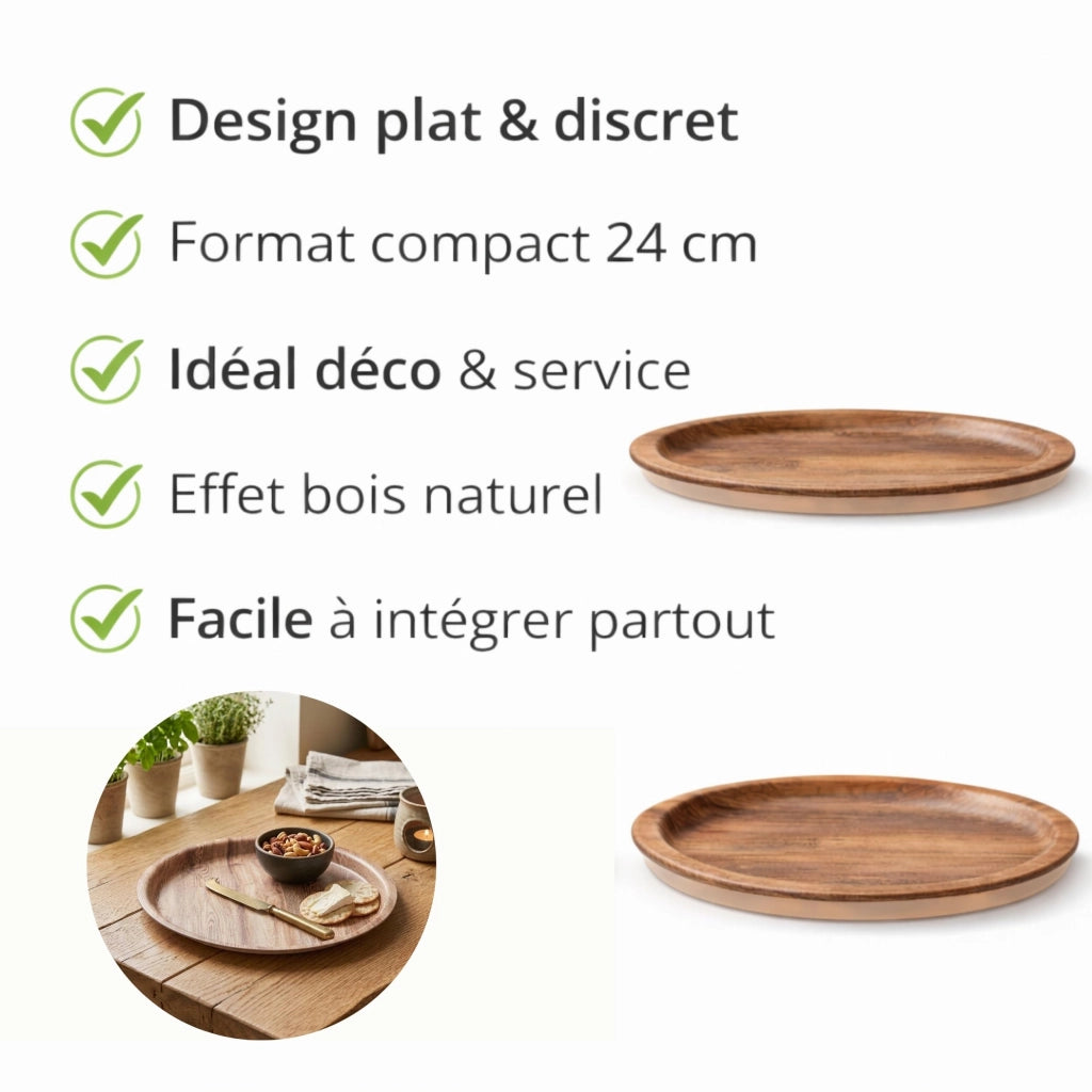 Vassoio servitore rotondo con effetto legno, 24 cm – plastica resistente