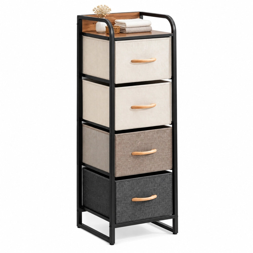 Cassettiera beige e marrone con 4 cassetti pieghevoli