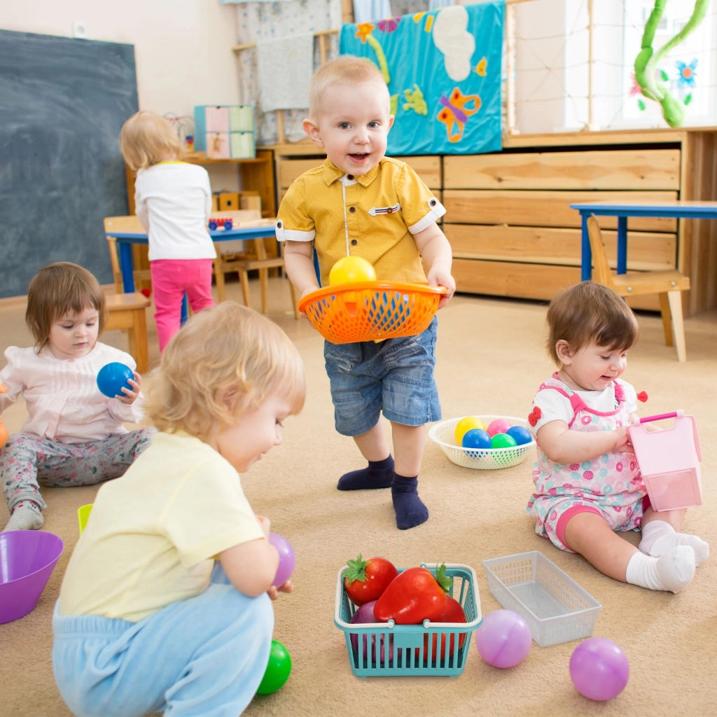 6 piccoli contenitori in plastica rosa, con maniglie