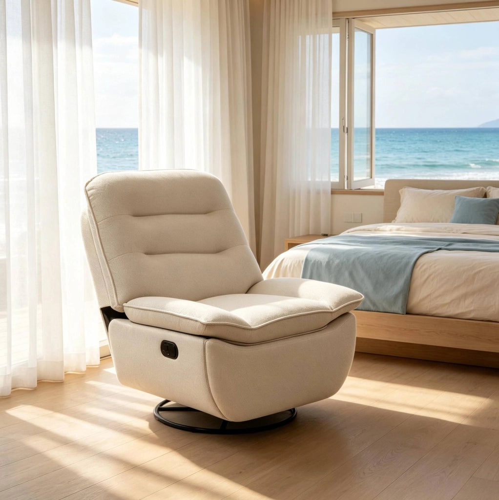 Poltrona relax girevole beige con dondolo, poggiapiedi e vano laterale