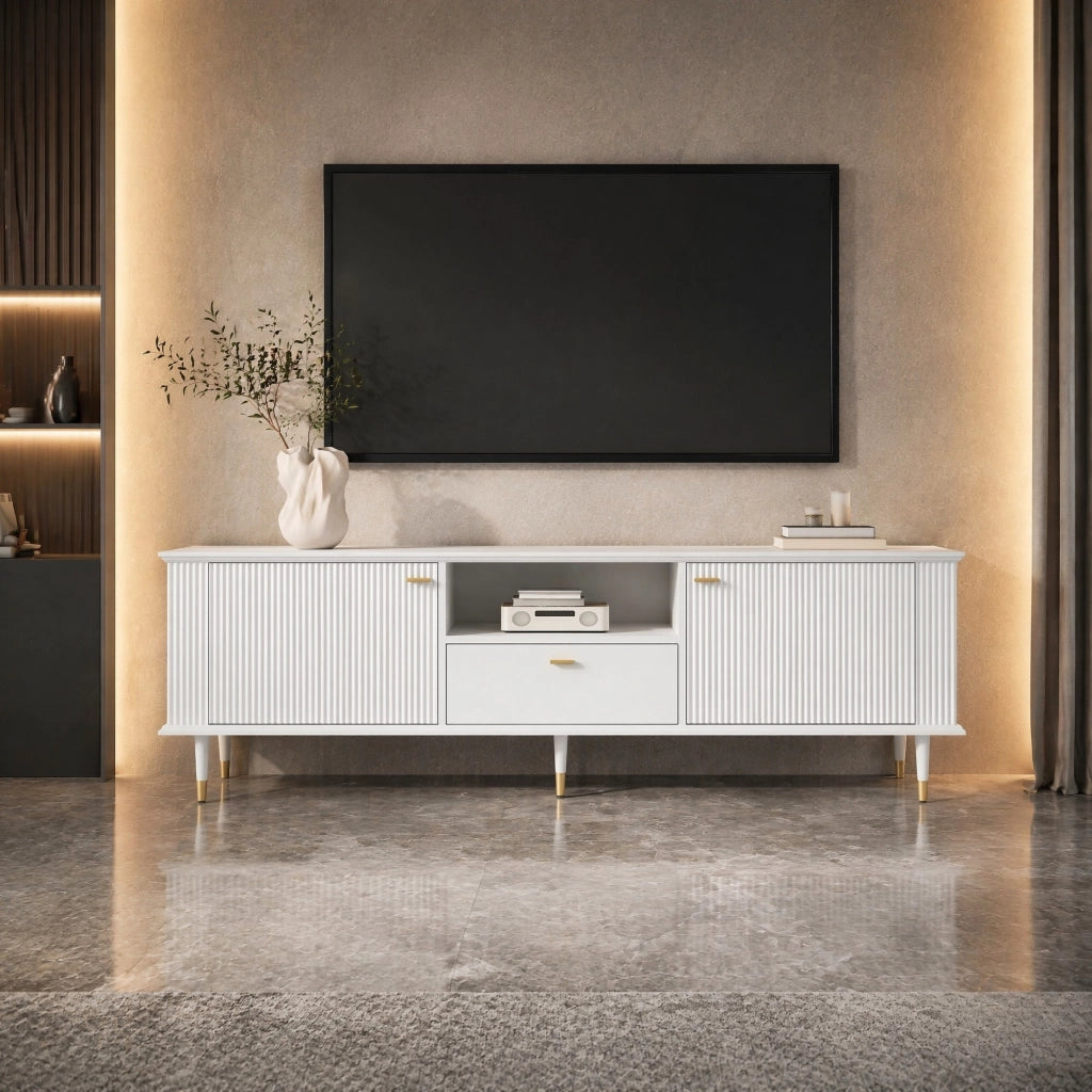 Mobile TV 170x36x54 cm in MDF bianco, contenitori, passacavi e chiusura soft-close