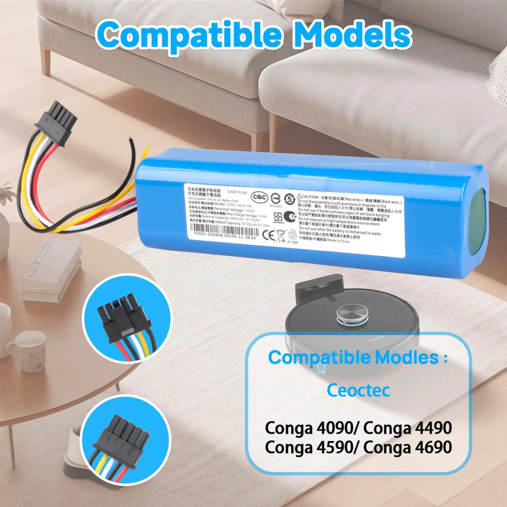 Batteria da 6800mAh, 14,4V, compatibile con i modelli Cecotec Conga 4090, 4490, 4590 e 4690