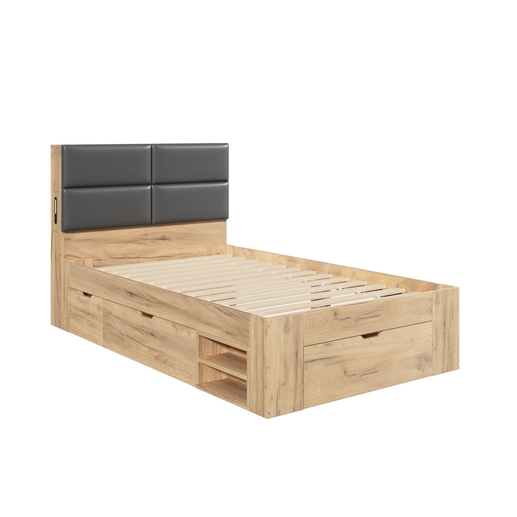 Letto singolo 90x200 cm con cassetti e comodini estraibili; in MDF color naturale per cameretta
