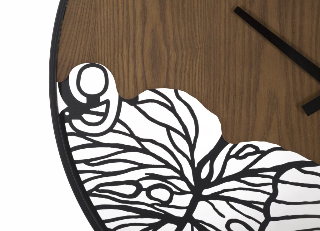 Orologio da parete rotondo metallo e legno foglie tropicali 60 cm Wood/Leaf Naturale
