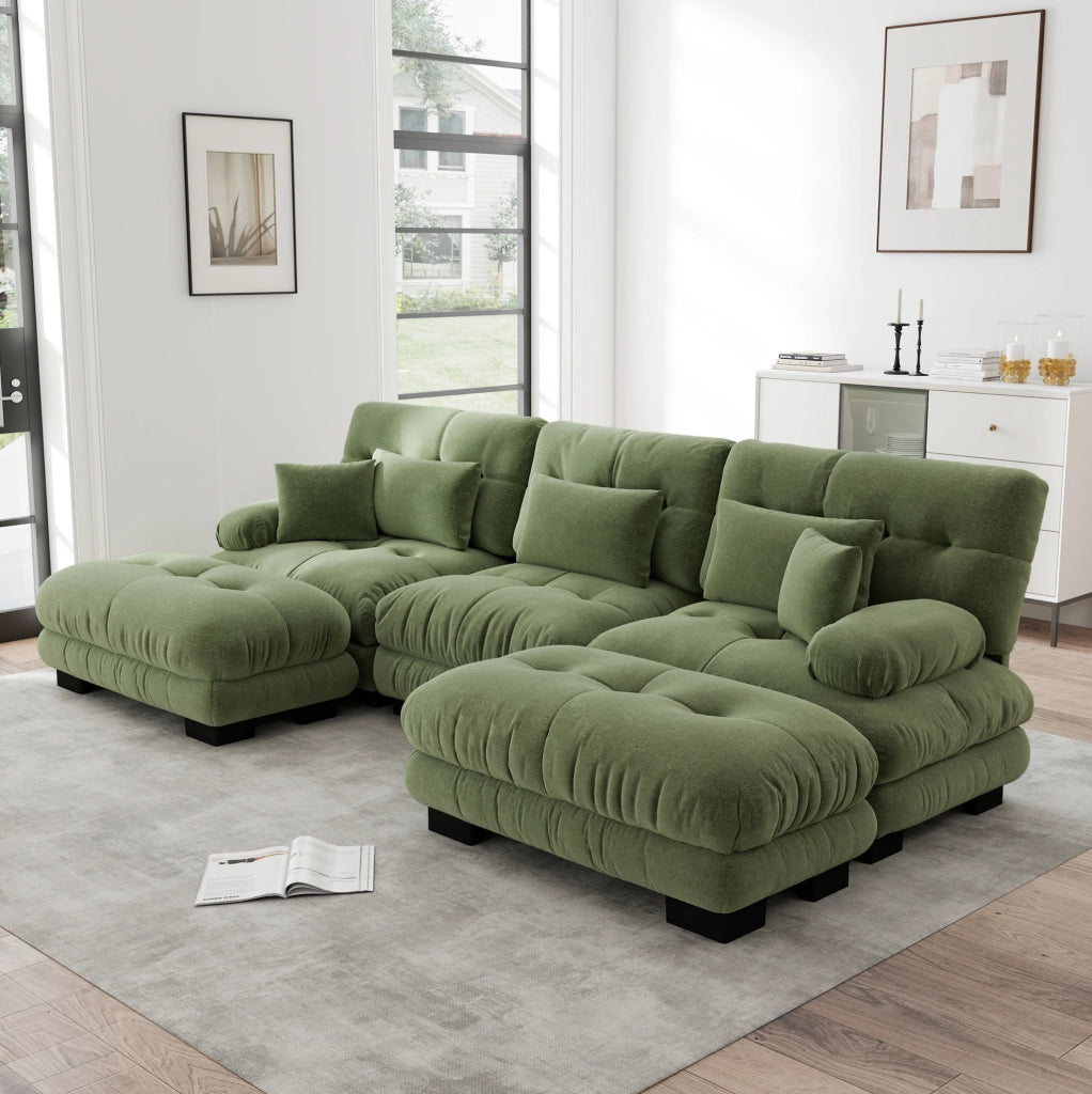 DIVANO Modulare 313x145x81 cm in ciniglia verde con pouf