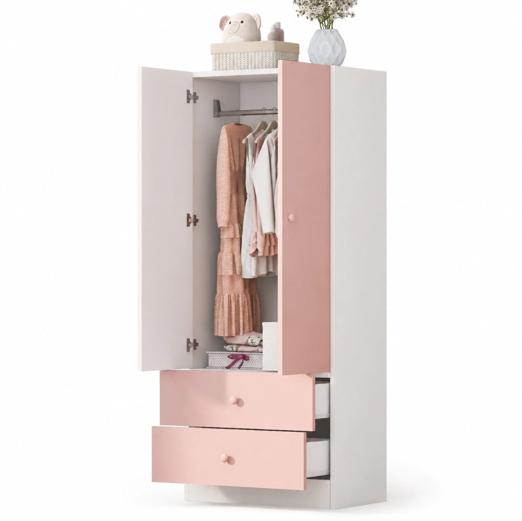 Armadio rosa e bianco 70 x 40 x 170 cm con due cassetti