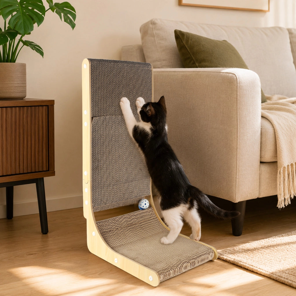 Tiragraffi a L per gatti con pallina sonaglio 68 × 40 × 28 cm