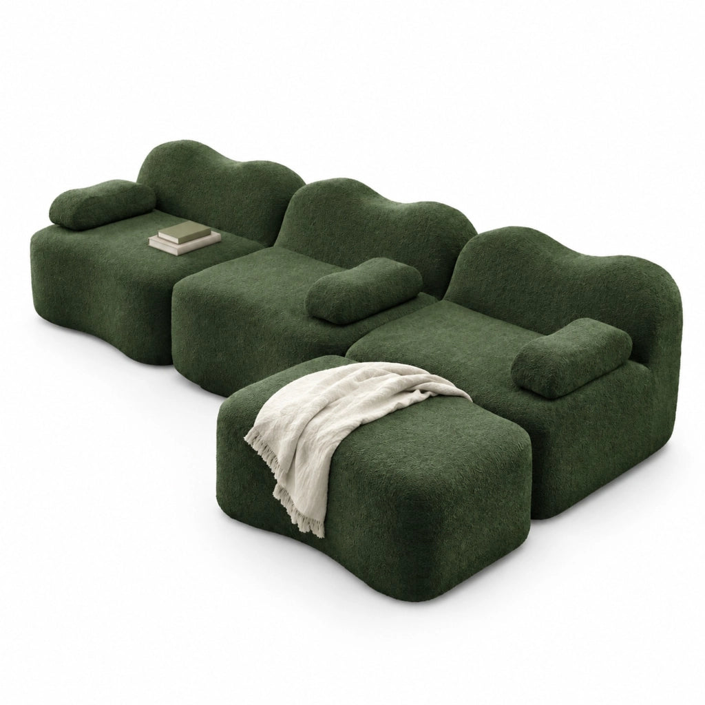 Divano angolare modulare in velluto verde con pouf