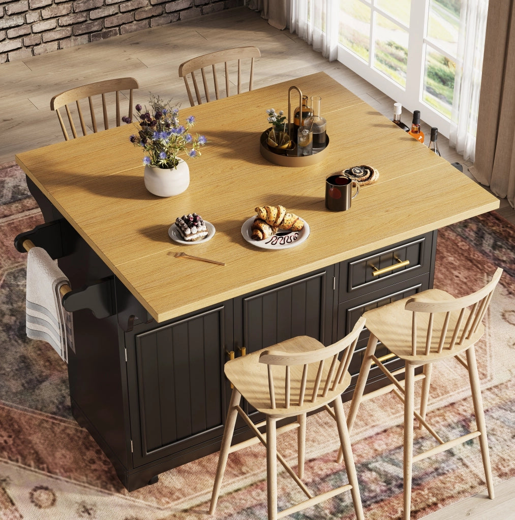 Isola da cucina nera con piano pieghevole, 3 cassetti e ruote