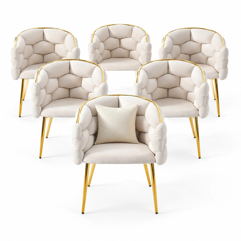 Set di 6 sedie da pranzo in velluto beige con schienale dorato