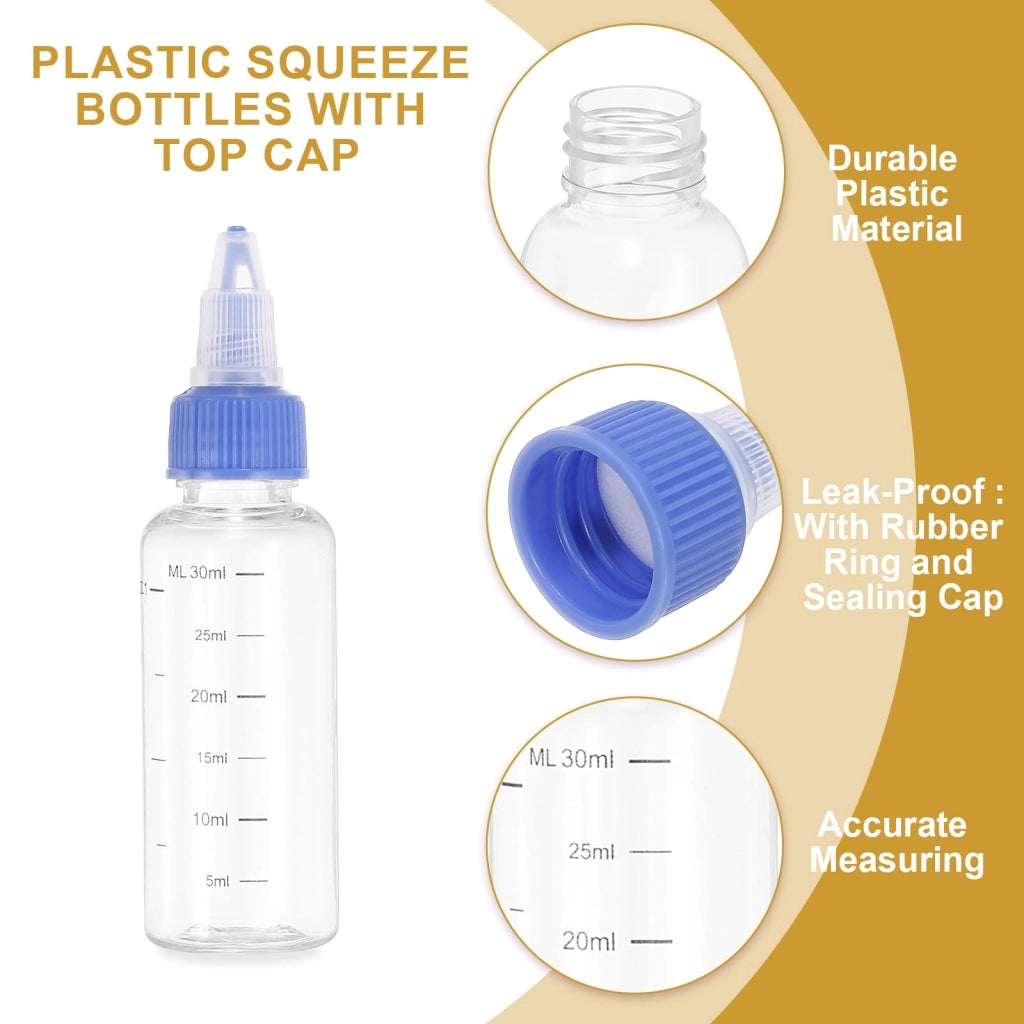 Confezione da 4 flaconi in plastica da 30 ml, trasparenti, con tappo a vite blu