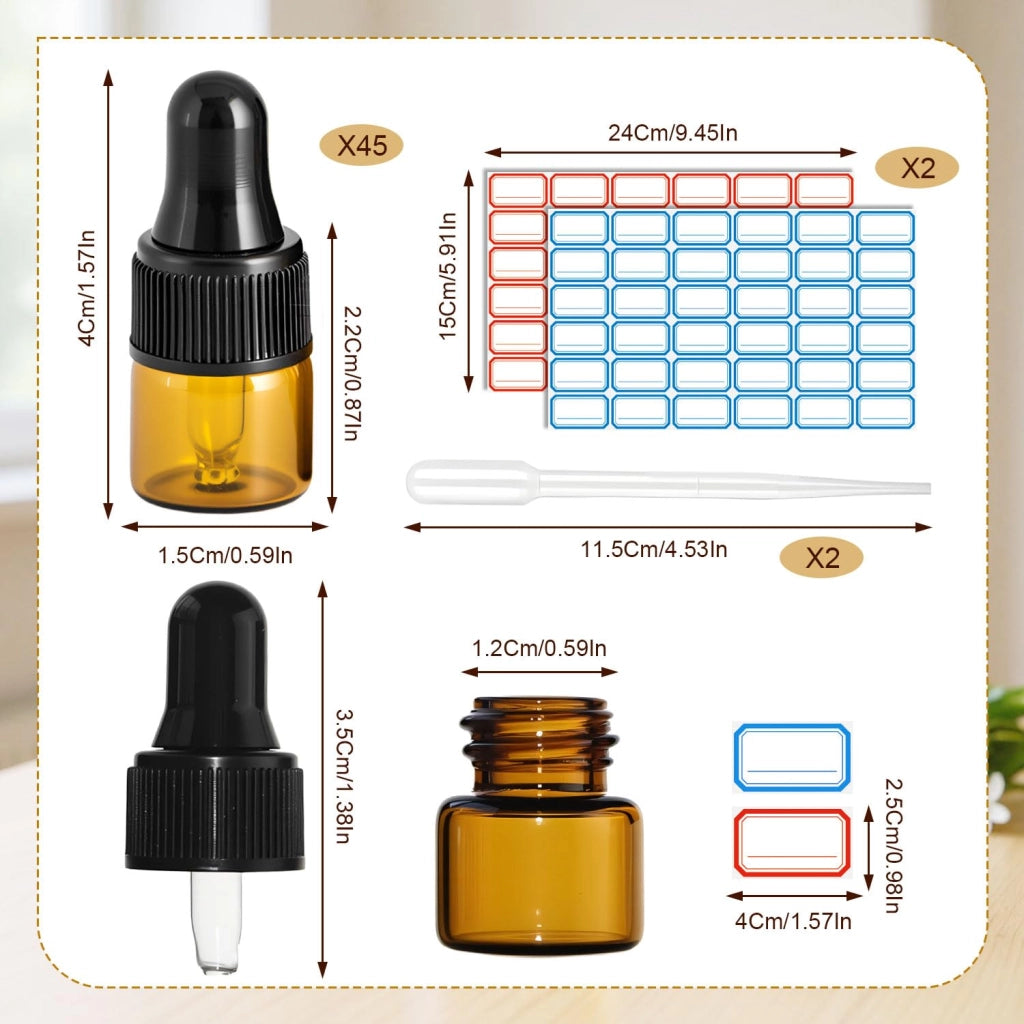 45 pezzi flacone contagocce da 1 ml con 2 contagocce ed etichette in vetro per oli essenziali e liquidi