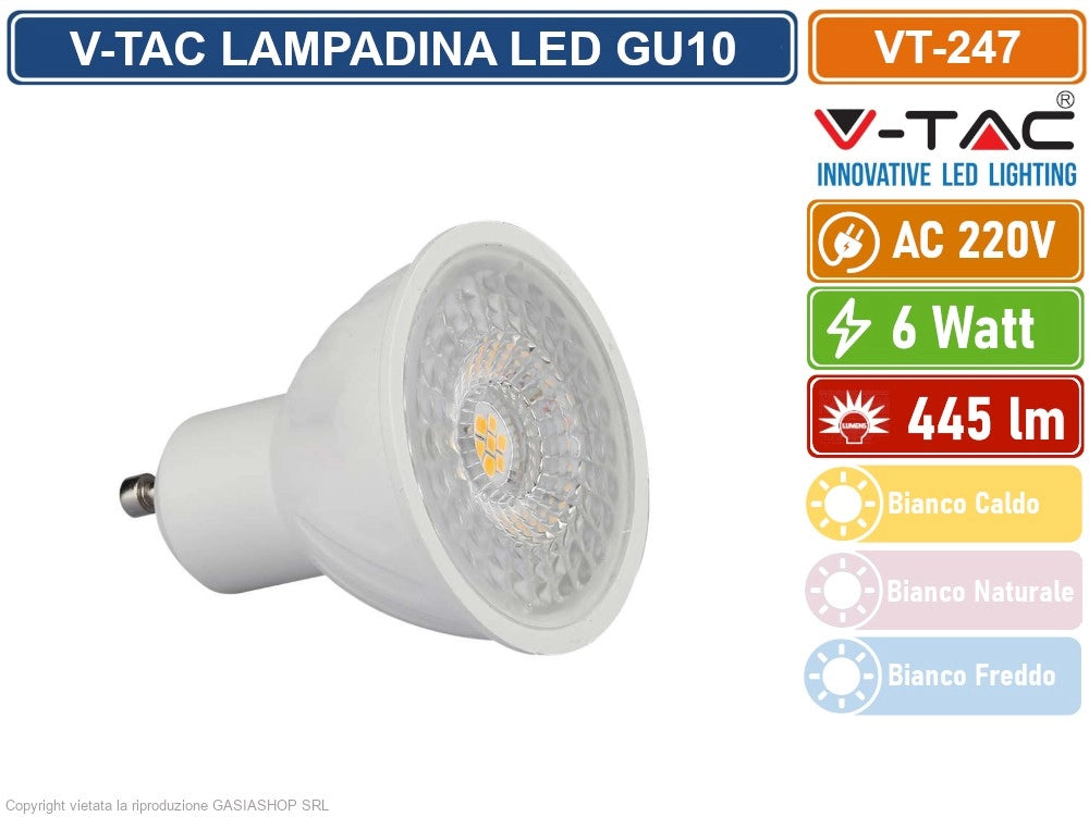 10 PEZZI V-TAC VT-247 LAMPADINA SMD LED GU10 6W FARETTO SPOTLIGHT PAR16 110° - Colore Luce:Bianco Freddo