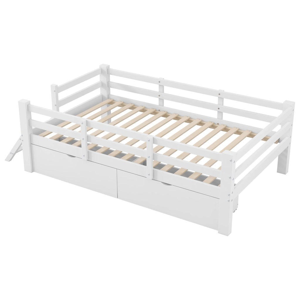 Letto singolo per bambini 90x200 cm con sponde e 2 cassetti in MDF e compensato bianco
