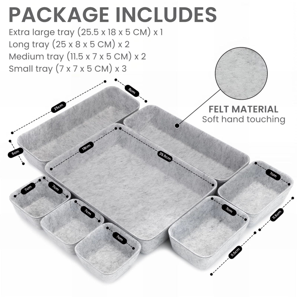 Set di 8 organizer impilabili in feltro, colore grigio chiaro