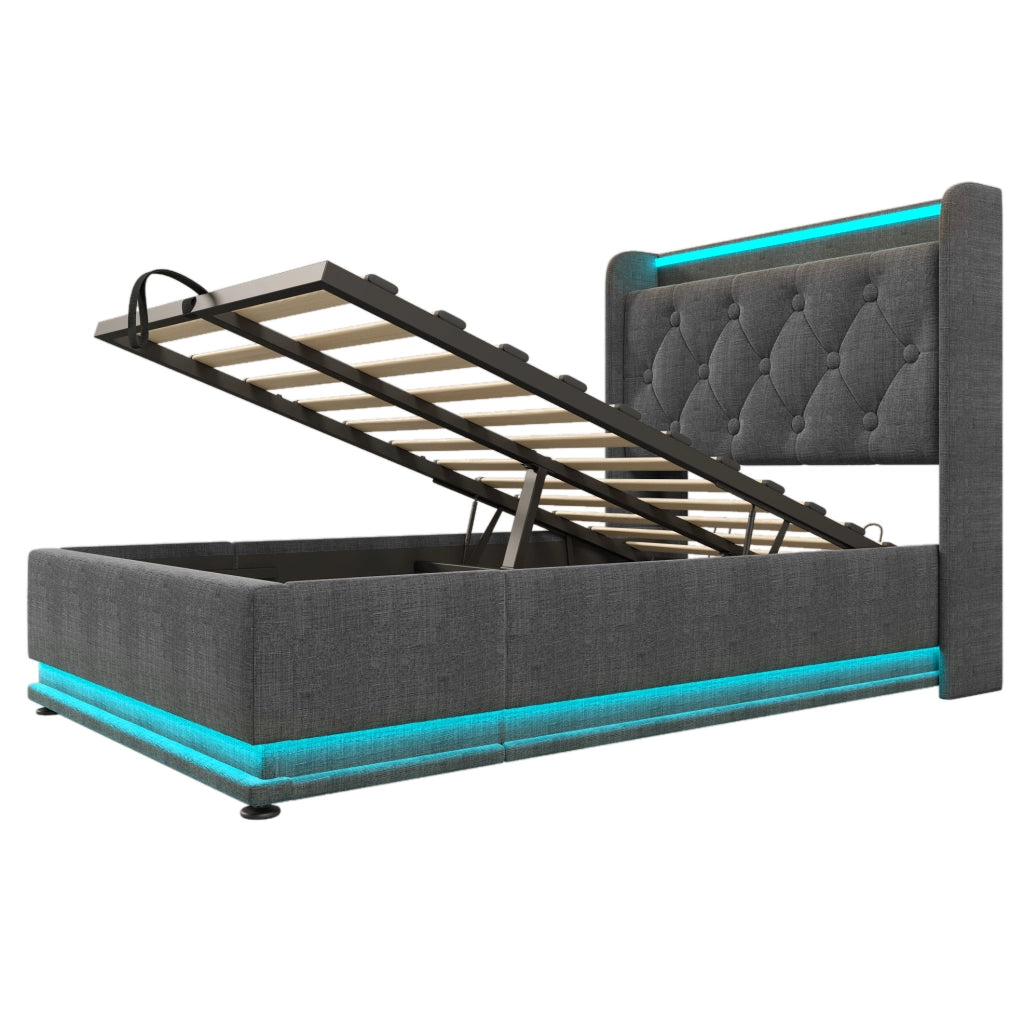Letto contenitore per bambini 90x200 cm con testiera imbottita, rete a doghe e LED in tessuto grigio, materasso incluso