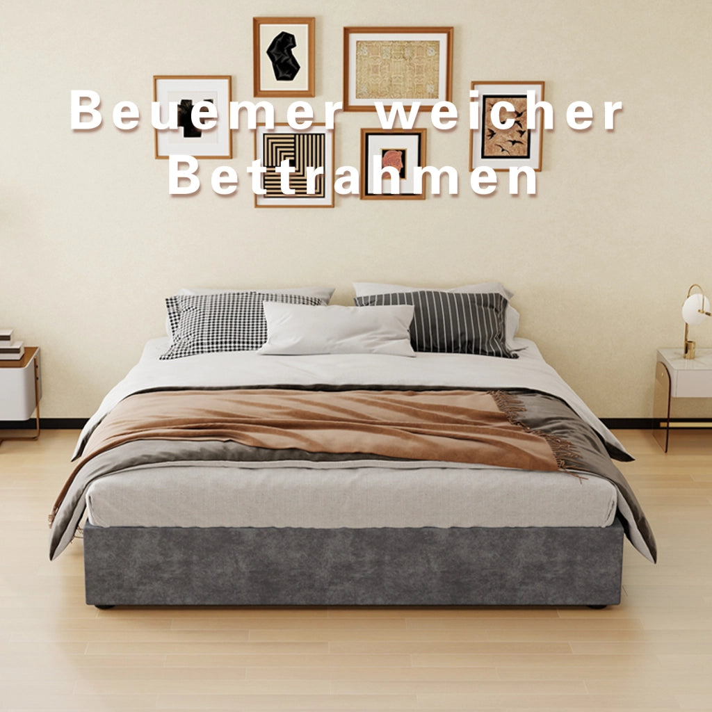 Struttura letto 160 × 200 cm con testiera geometrica e rete a doghe; tessuto grigio