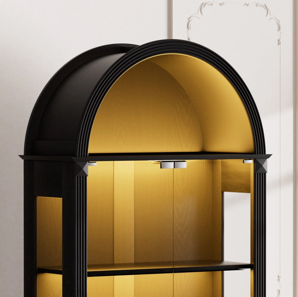 Vetrina ad Arco con Ante in Vetro Temperato e LED a Sensore di Movimento in Legno e Vetro 180 cm Nera per Soggiorno
