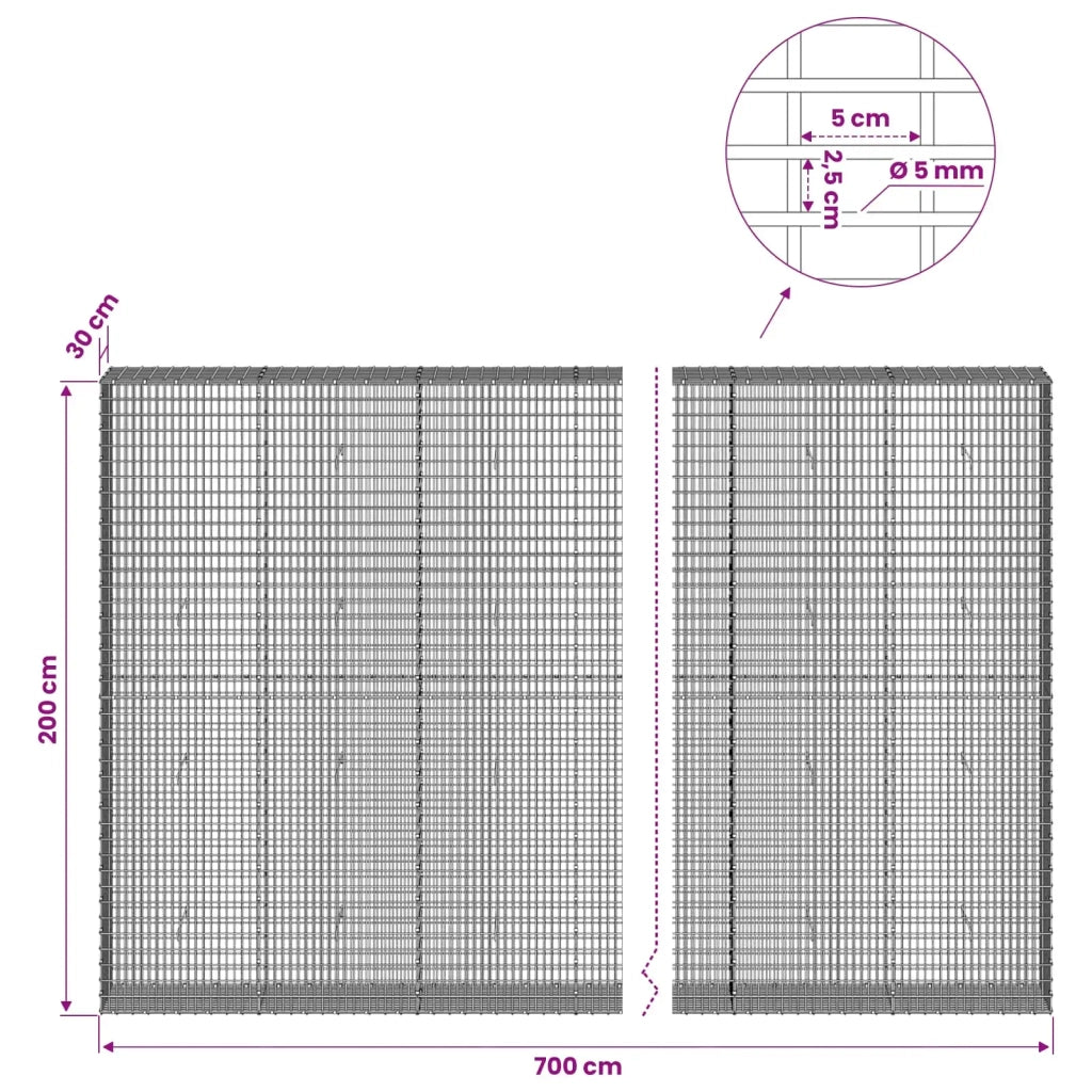 Gabione con Filo da 5 mm e Rete da 5x2,5 cm 700x30x200 cm 3463736