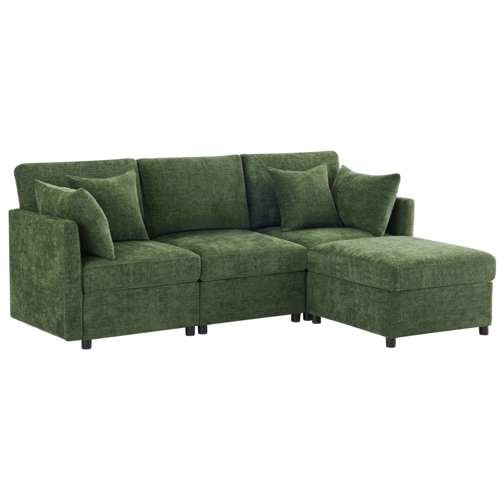 DIVANO modulare 3 posti con pouf, 216x161x81 cm, ciniglia verde, 4 cuscini