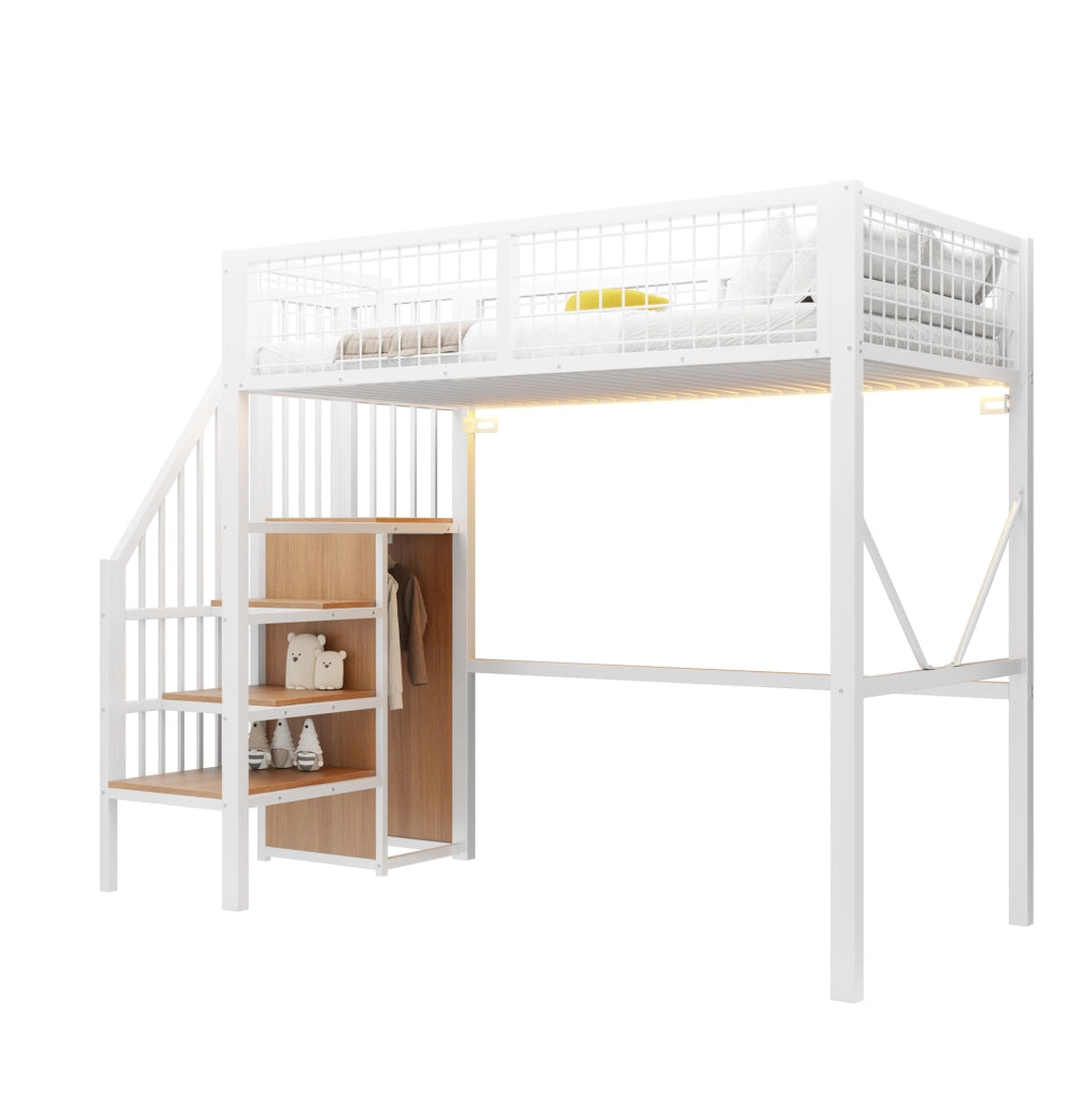 Letto a soppalco 90 x 200 cm bianco con scala contenitore e LED