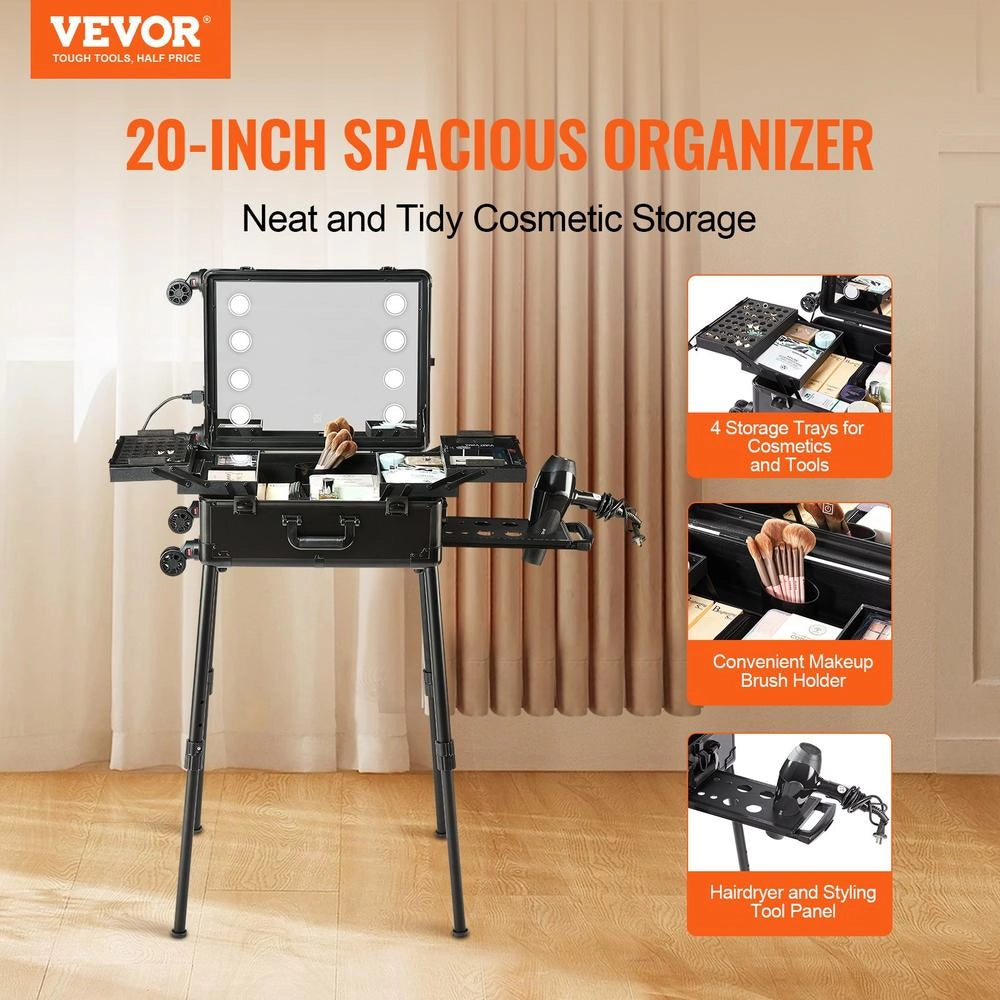 Valigetta Trucco Portatile TD3605 con Specchio Serratura 4 Vassoi Ruote a 360 Gradi e Gambe Regolabili Trolley Make Up Robusto