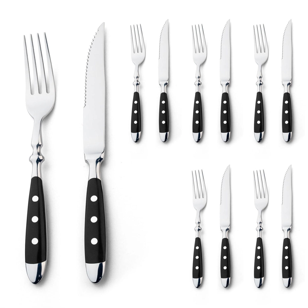 Set di coltelli da bistecca e forchette da dessert, 12 pezzi, in bachelite, colore nero