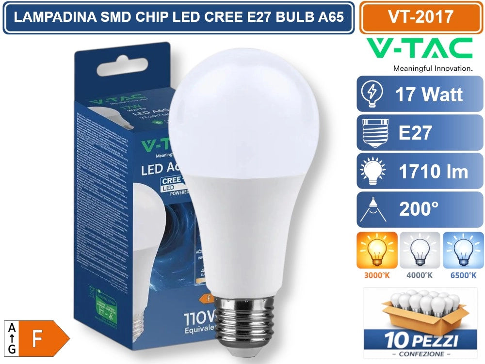 10 PEZZI V-TAC VT-2017 LAMPADINA LED E27 17W A65 GOCCIA SMD CHIP CREE TERMOPLASTICA - Colore Luce:Bianco Naturale