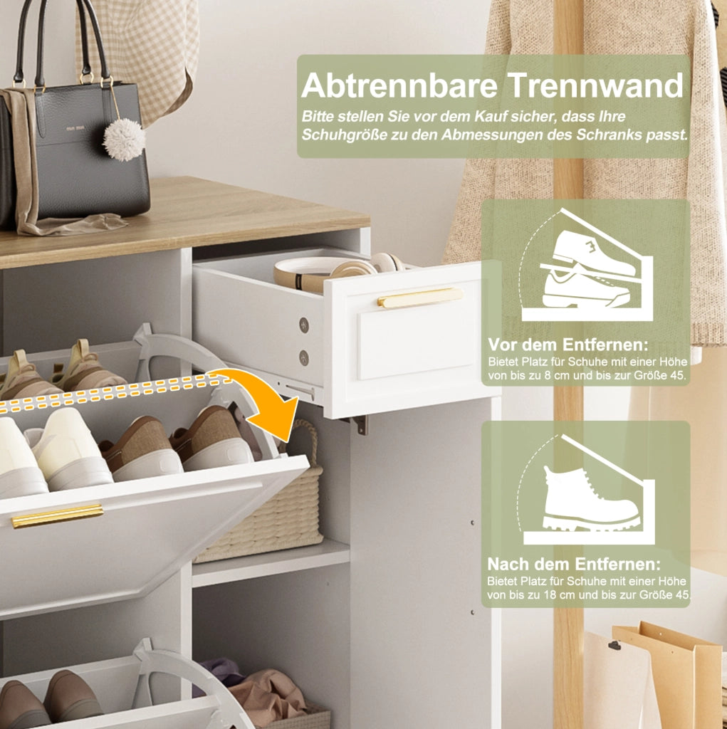 Set ingresso 4 pezzi con scarpiera, panca e specchio, bianco e naturale