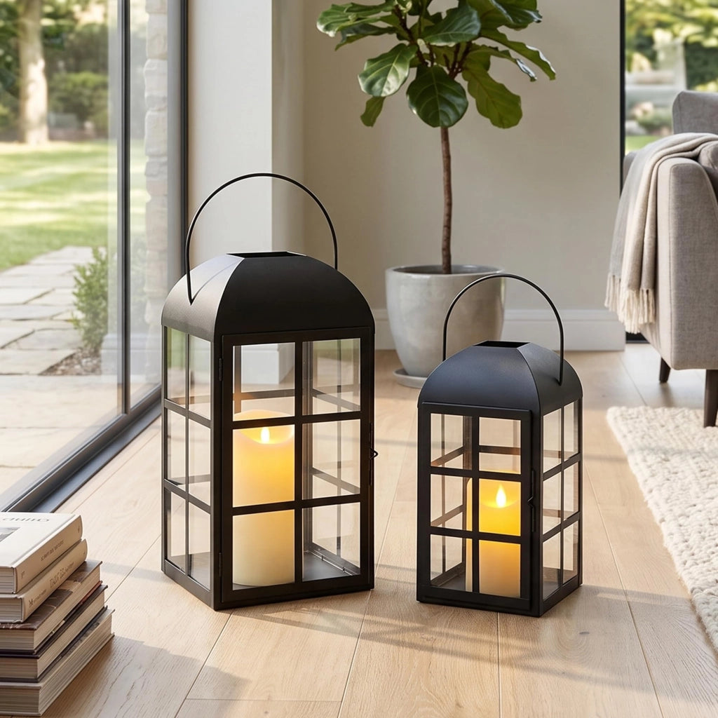 Set di 2 lanterne per candele, altezza 35 cm e 26 cm, in metallo, colore nero