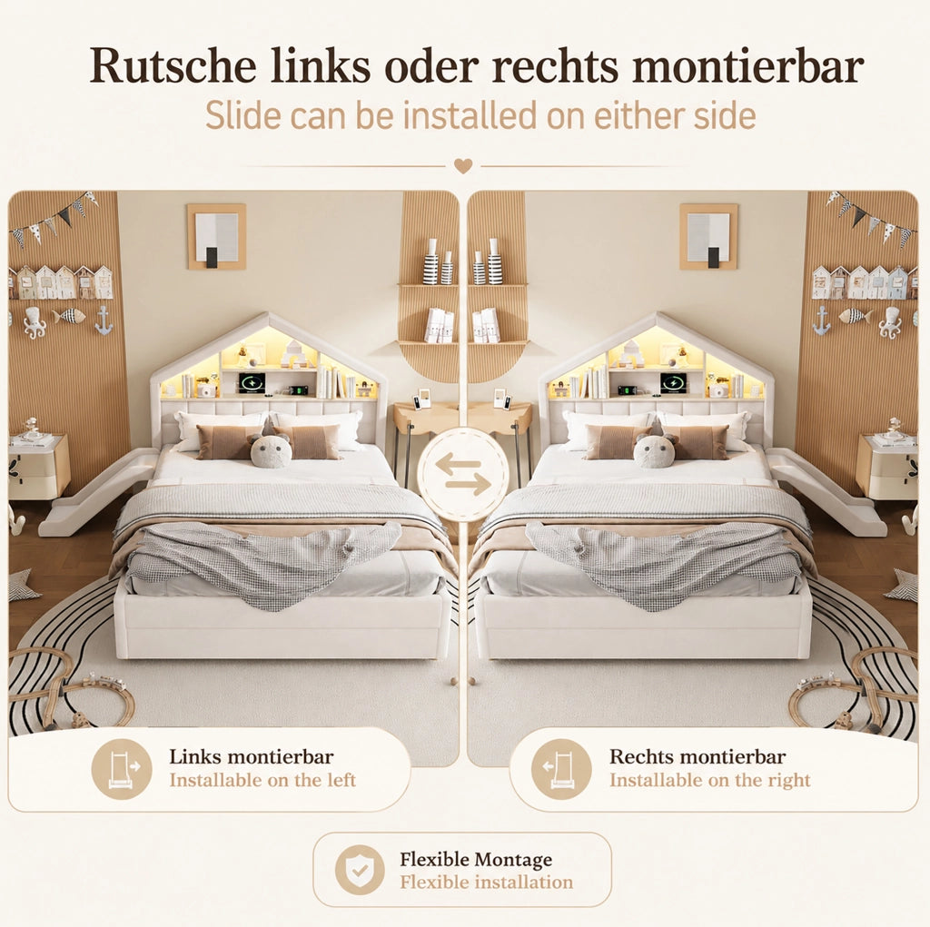 Letto per bambini imbottito beige 140 x 200 cm con scivolo e cassetto