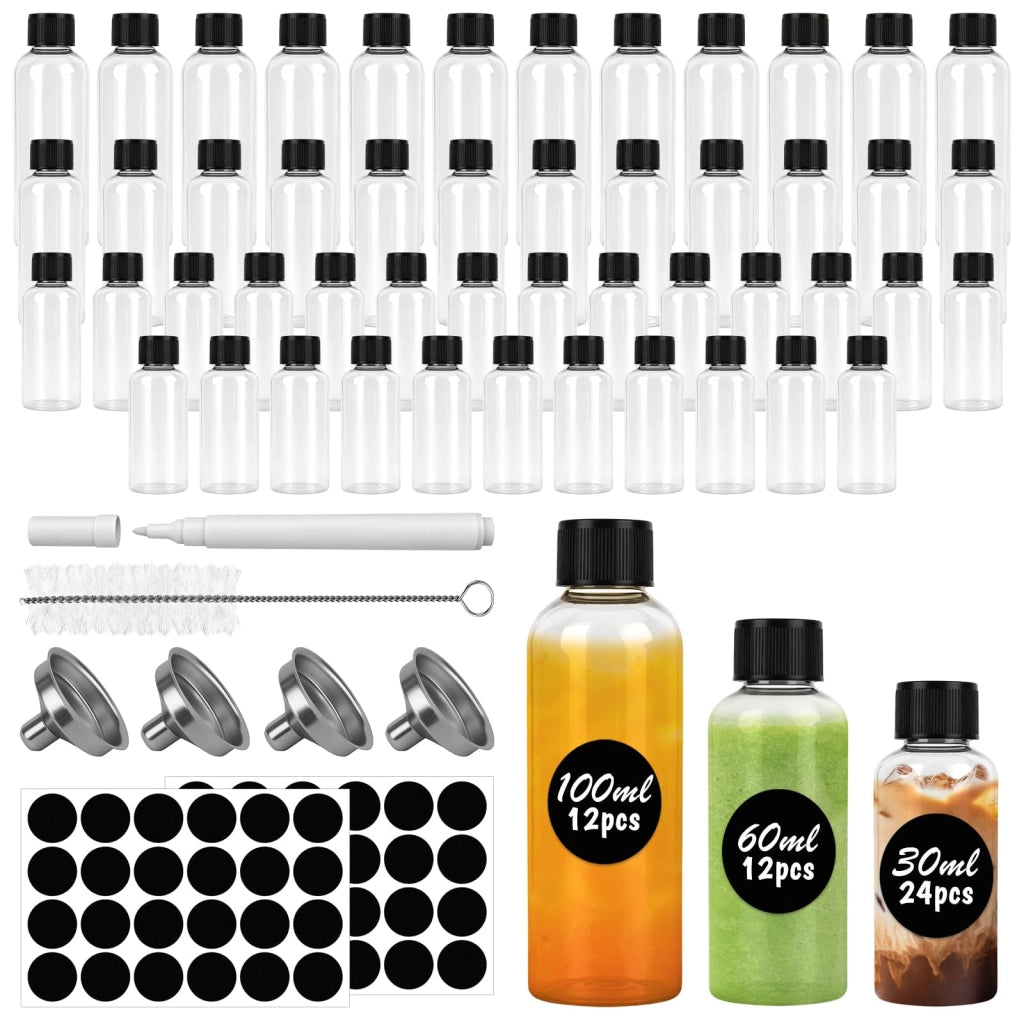 48 mini-bottiglie di plastica da 30/60/100 ml, riutilizzabili, con accessori