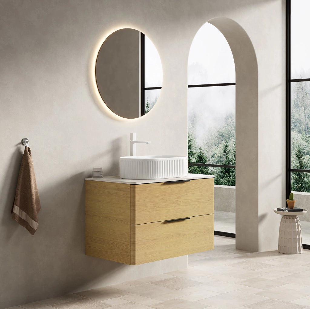 MOBILE BAGNO con lavabo ovale e 2 cassetti, ceramica e pietra sinterizzata
