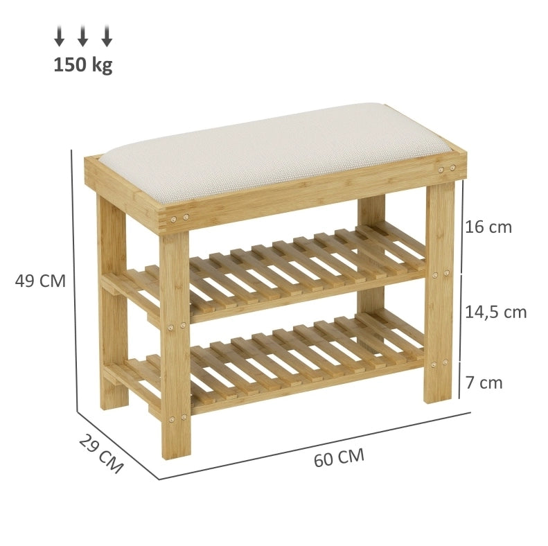 Panca scarpiera in bambù con cuscino e 2 ripiani, 60 x 29 x 49 cm