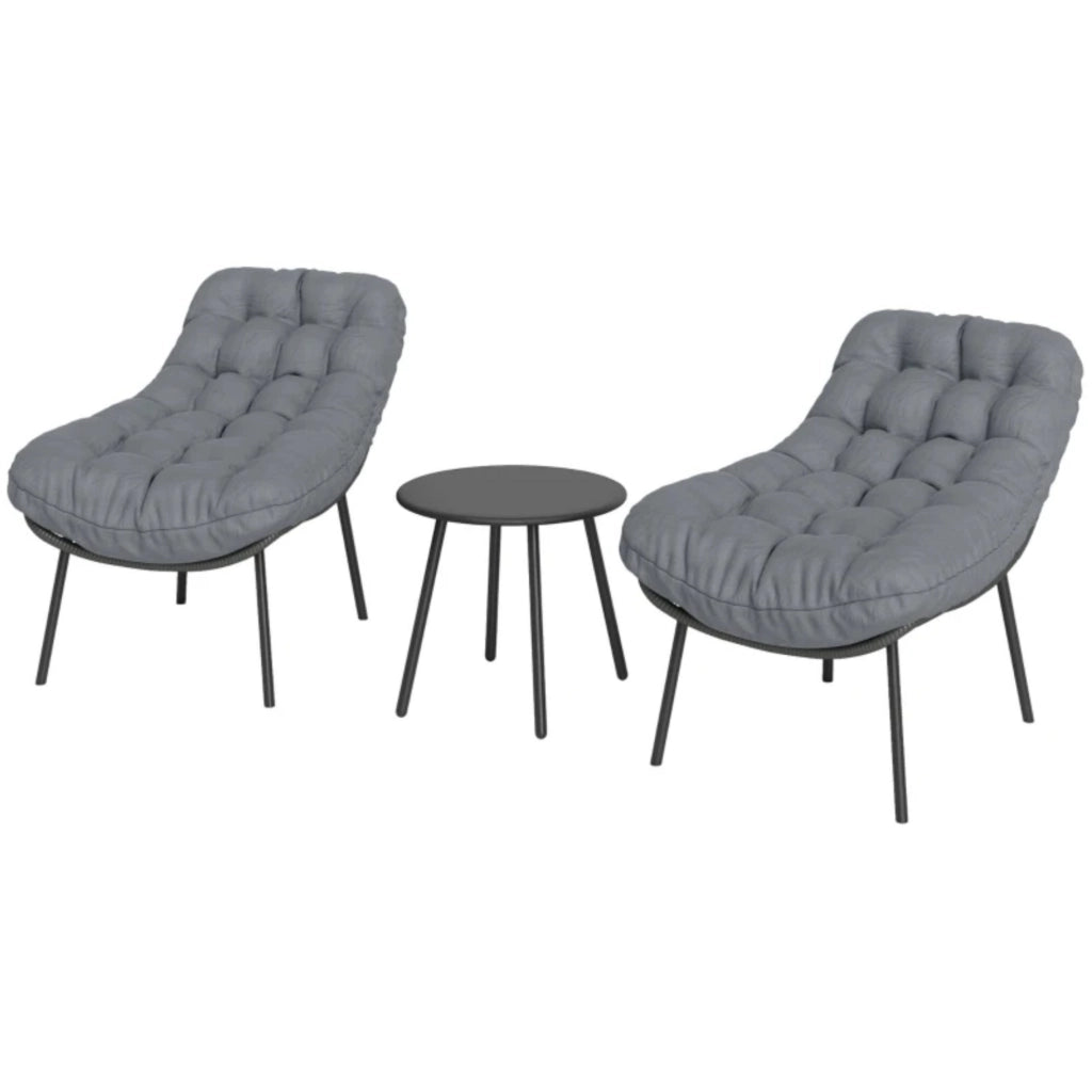 Set da giardino 2 posti grigio in acciaio e resina intrecciata; cuscini 15 cm