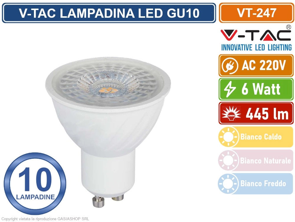 10 PEZZI V-TAC VT-247 LAMPADINA SMD LED GU10 6W FARETTO SPOTLIGHT PAR16 110° - Colore Luce:Bianco Freddo
