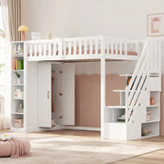 Letto a soppalco multifunzionale 90x200 cm con scala di sicurezza, armadio ampio e scaffali, bianco