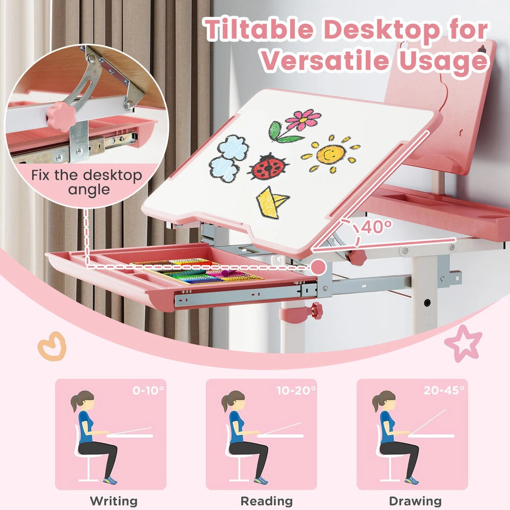 Set Scrivania e Sedia per Bambini Regolabile con Piano Inclinabile e Leggio Rosa per Studio e Cameretta