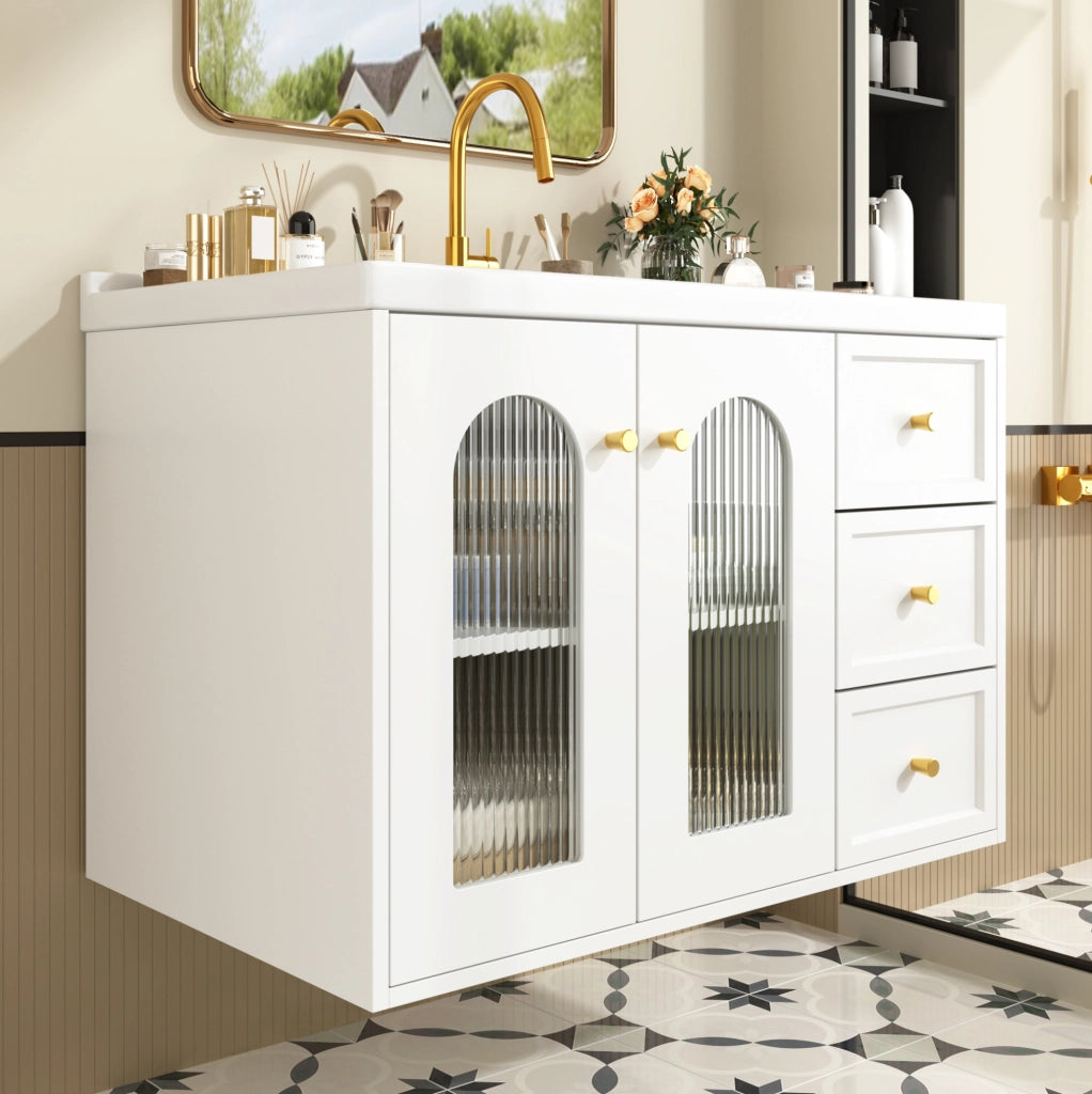 Mobile lavabo sospeso 80 cm in MDF bianco con 2 cassetti e lavabo in ceramica