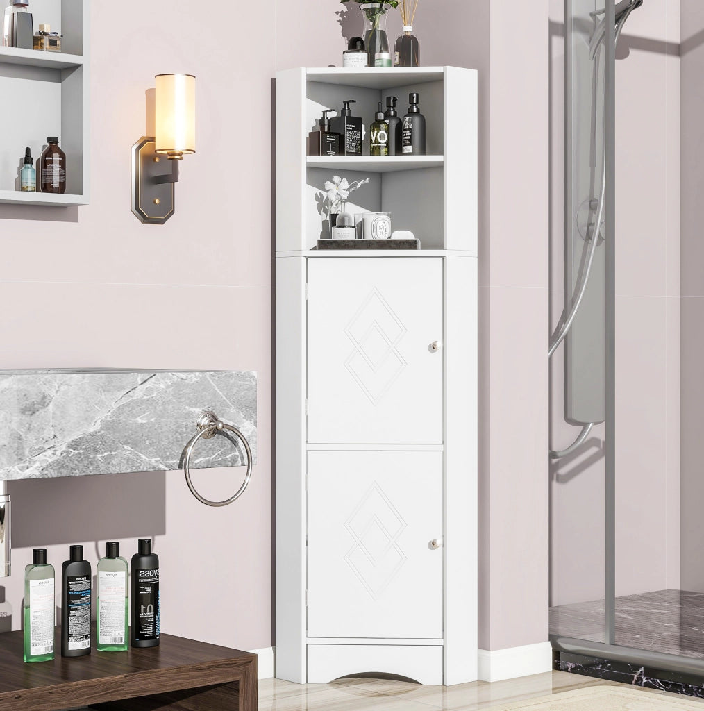 Mobile Angolare per Bagno con 2 Ripiani e Ripiano Regolabile, Bianco, 36,5 x 36,5 x 155 cm