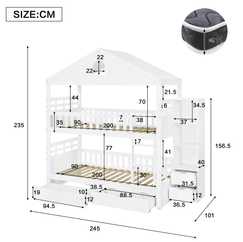Letto a castello a casetta 90 x 200 cm bianco con 2 cassetti, vani laterali e scala
