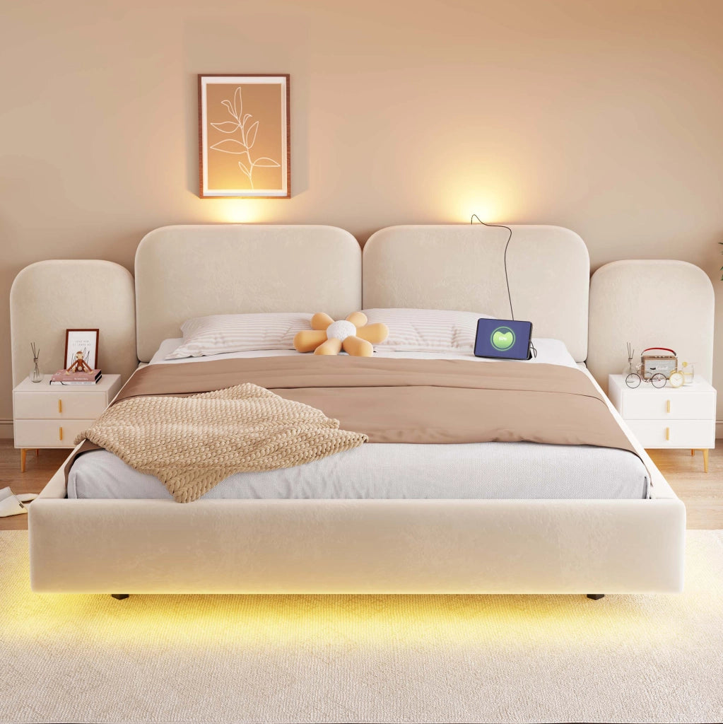 Letto contenitore imbottito 180 x 200 cm beige con LED e prese USB