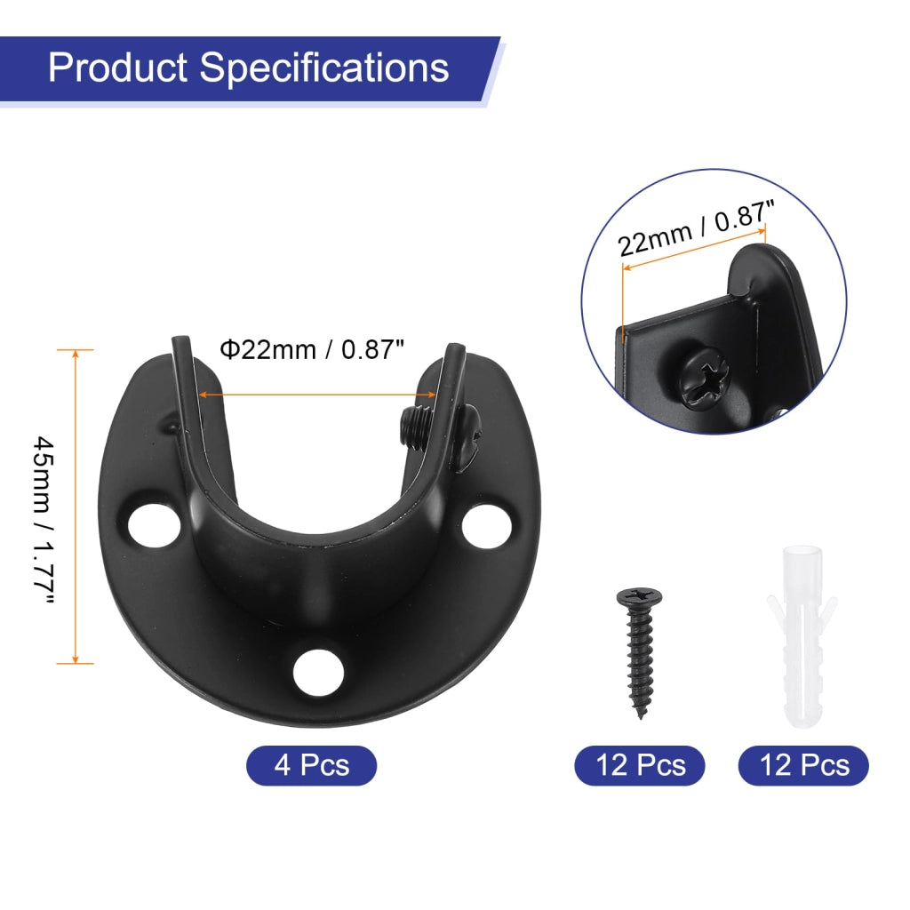Supporti terminali per aste appendiabiti, 4 pezzi, acciaio inossidabile, 2,2 cm (0,87 pollici), colore nero