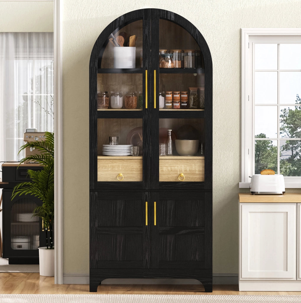 Credenza alta nera con vetro scanalato, ripiani regolabili e cassetti