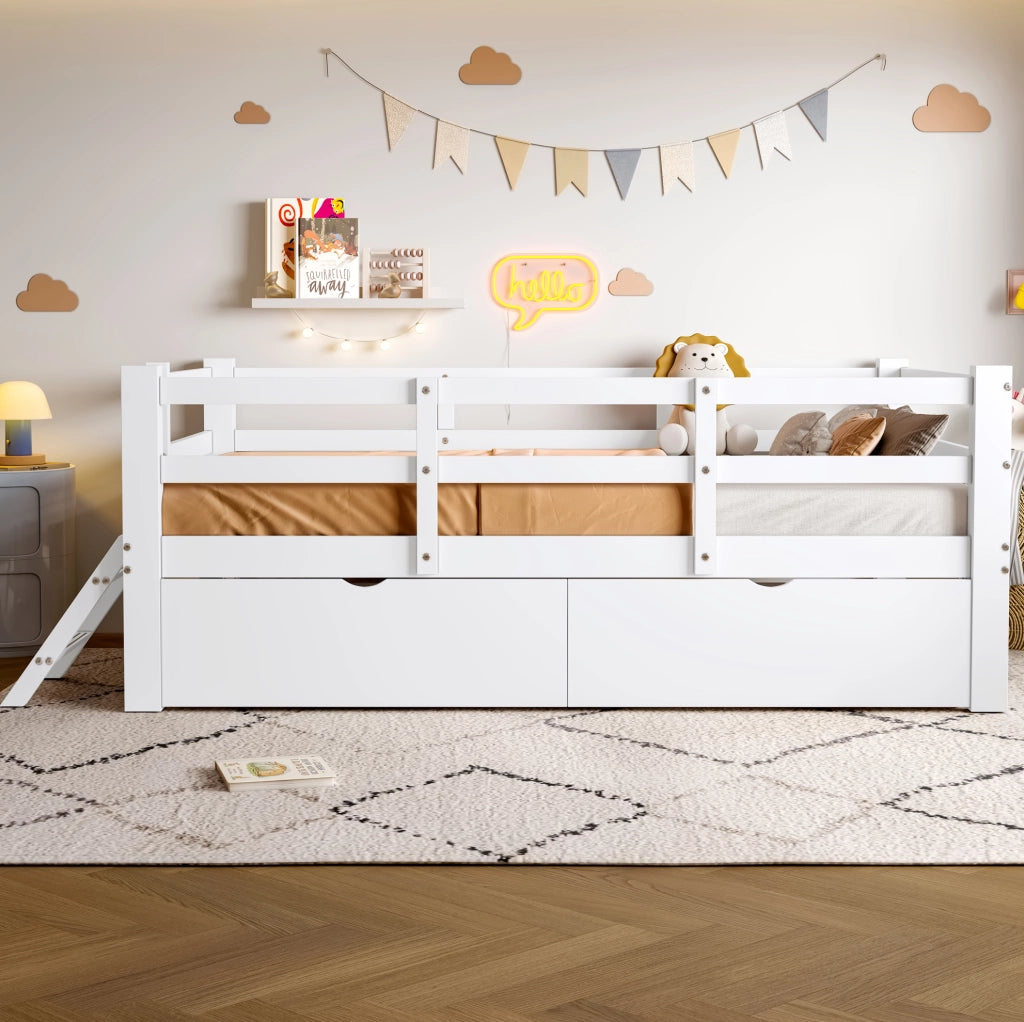 Letto singolo per bambini 90x200 cm con sponde e 2 cassetti in MDF e compensato bianco