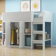 Letti a soppalco per bambini 90x200 cm con scala, armadio e rete a doghe in legno grigio e bianco per cameretta, senza materasso