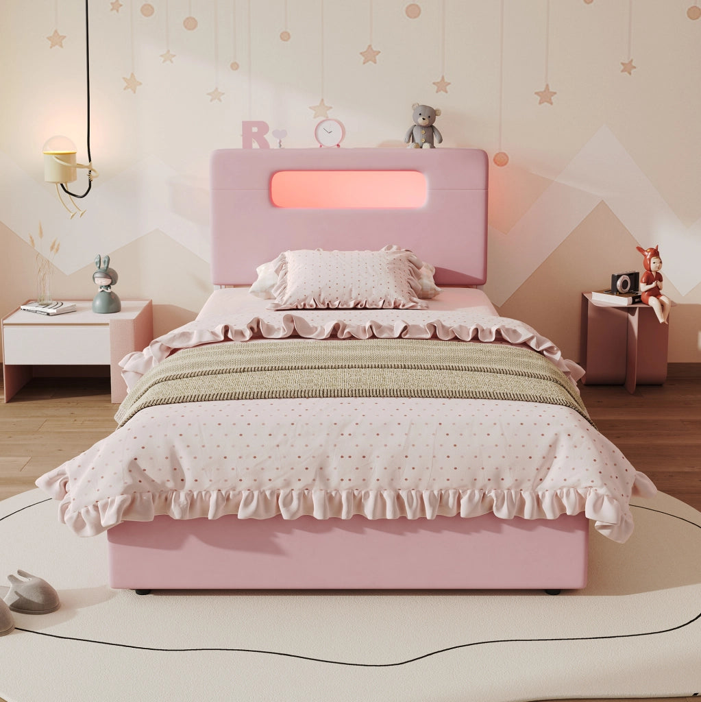 Letto imbottito per bambini 90x200 cm rosa con LED e cassetti